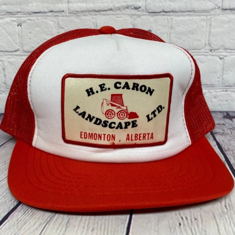 Vintage H.E. Caron Landscape Ltd. Trucker Hat Mesh Cap Snapback Patch Red
